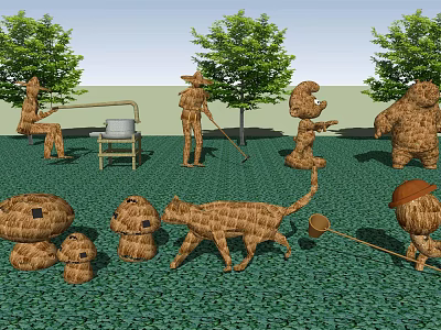 Outdoor Agricultural Equipment Inspired Straw Decorations Including Scarecrows And Animal Figures 3d model