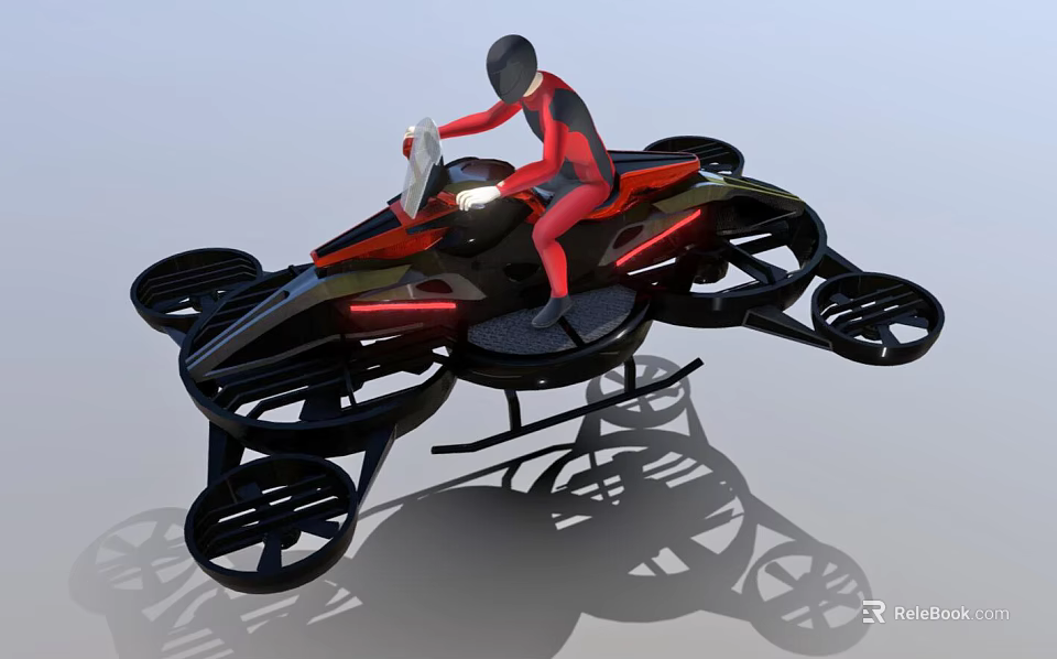 Futuristic Hoverbike With Multiple Rotors And Red Clad Pilot In Flight 3d model 