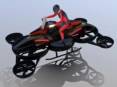Futuristic Hoverbike With Multiple Rotors And Red Clad Pilot In Flight 3d model
