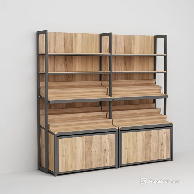 Fruit Store Fresh Fruits Display With Wooden Shelves Metal Frame And Storage Cabinets 3d model 
