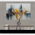 Modern Abstract Painting With Blue Yellow Orange Brush Strokes For Interior Decor