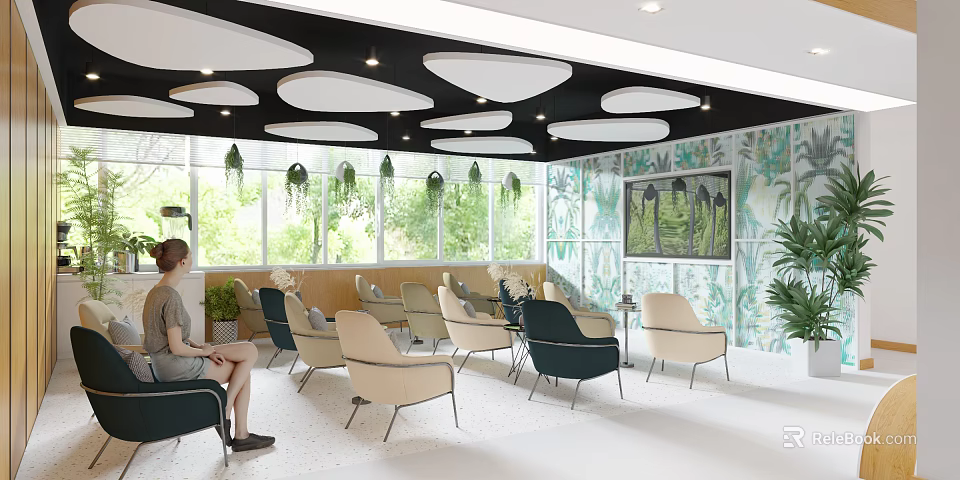 Hospital Outpatient Clinic Waiting Area With Comfortable Seats Green Plant Decorations And Bright Windows 3d model 