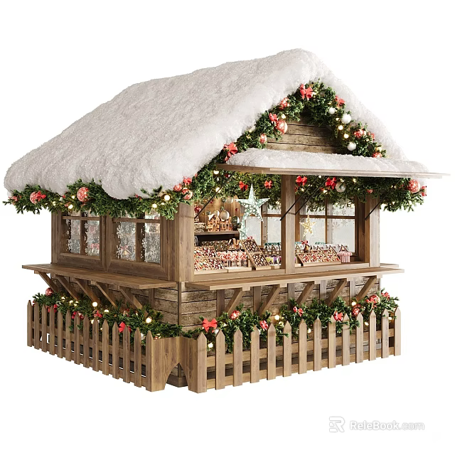 Charming Christmas Themed Wooden Shop Window With Snow Covered Roof And Festive Holiday Garland Decorations 3d model 