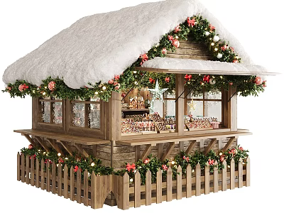 Charming Christmas Themed Wooden Shop Window With Snow Covered Roof And Festive Holiday Garland Decorations 3d model
