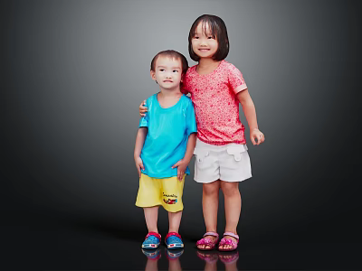 Two Kids Portrait Standing Together Wearing Blue Shirt Yellow Shorts Pink Top And White Shorts 3d model