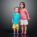 Two Kids Portrait Standing Together Wearing Blue Shirt Yellow Shorts Pink Top And White Shorts