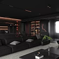 Modern Black Open Concept Dining Kitchen Interior With Island Cabinets Pendant Lights And Wine Rack