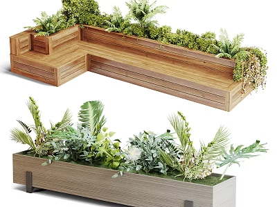 Decorative Wooden Garden Planter Boxes With Various Green Plants Ferns And Foliage 3d model
