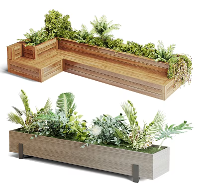 Decorative Wooden Garden Planter Boxes With Various Green Plants Ferns And Foliage 3d model
