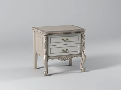 Classic Light Colored Nightstand With Carved Details Two Drawers And Golden Handles 3d model