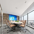 Modern Conference Room Featuring Large Screen City Skyline Windows Meeting Table Office Chairs