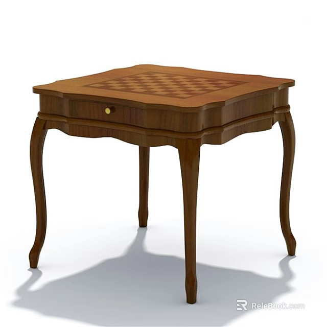 Wooden Dining Table With Square Checkerboard Top Curved Legs And Drawer 3d model 