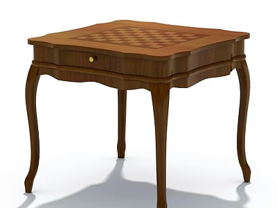 Wooden Dining Table With Square Checkerboard Top Curved Legs And Drawer 3d model