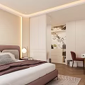 Warm Modern Bedroom Interior With Purple Headboard Pillows Nightstand Table Lamp And Wooden Flooring
