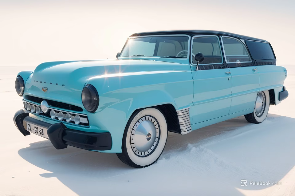 Light Blue Vintage Car With Retro Design Chrome Wheels On White Salt Flat 3d model 
