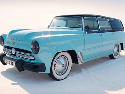 Light Blue Vintage Car With Retro Design Chrome Wheels On White Salt Flat 3d model