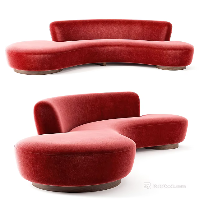 Red Modern Curved Sectional Sofa with Ottoman Velvet Upholstery and Wooden Legs 3d model 