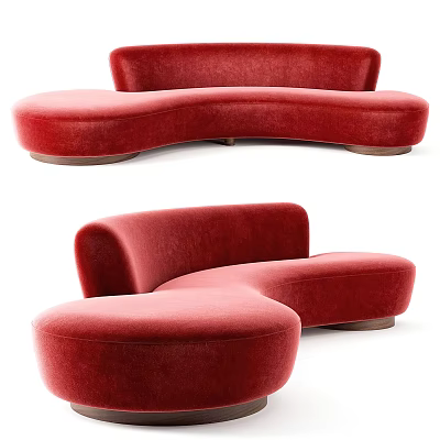Red Modern Curved Sectional Sofa with Ottoman Velvet Upholstery and Wooden Legs 3d model