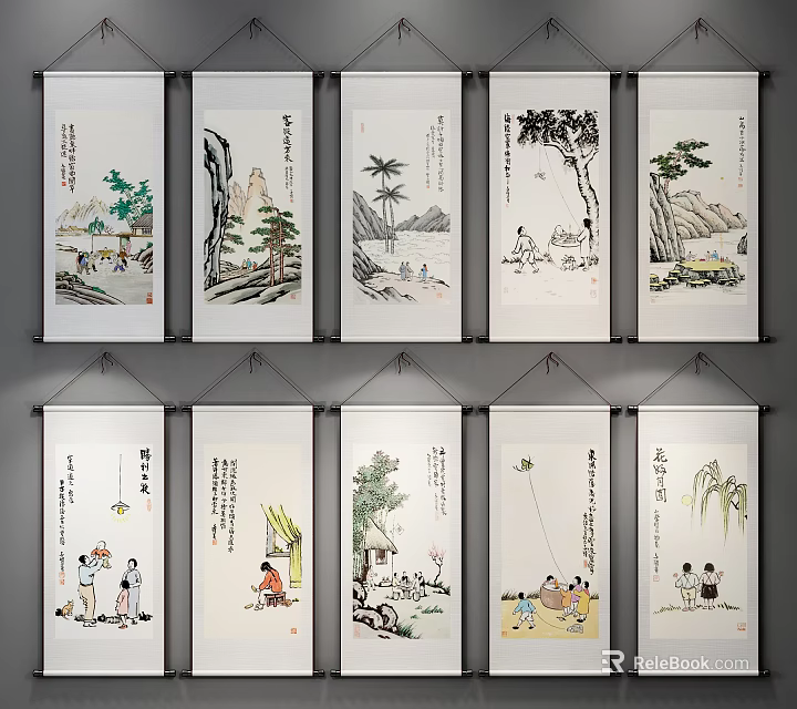 Traditional Chinese Figure Paintings With Human Scenes And Landscape On Hanging Wall Scrolls 3d model 