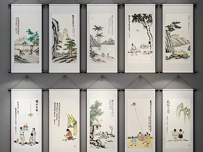 Traditional Chinese Figure Paintings With Human Scenes And Landscape On Hanging Wall Scrolls 3d model