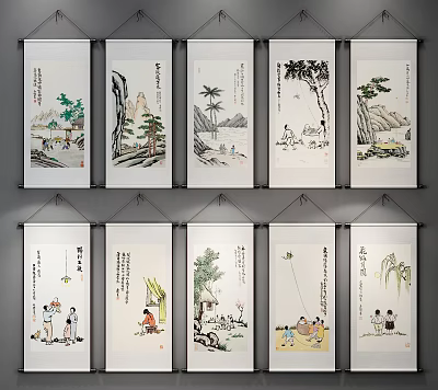 Traditional Chinese Figure Paintings With Human Scenes And Landscape On Hanging Wall Scrolls 3d model