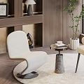 Modern Beige Chair And Table Set With Wooden Shelf Lamp Green Plant And Window View