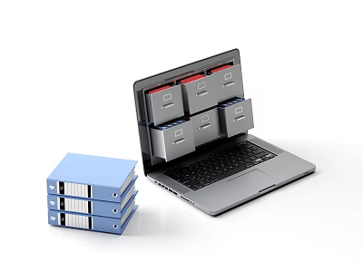Modern Laptop Showing Digital Folders Alongside Stacked Blue Physical Folders 3d model