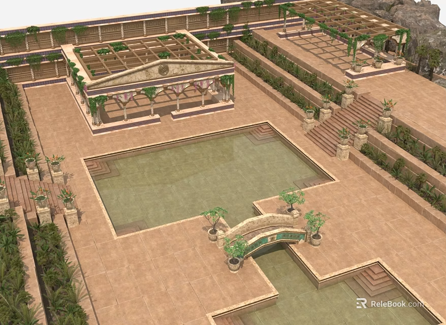 Lush Garden Courtyard With Central Pool Pergola Stone Steps Small Bridge And Greenery 3d model 