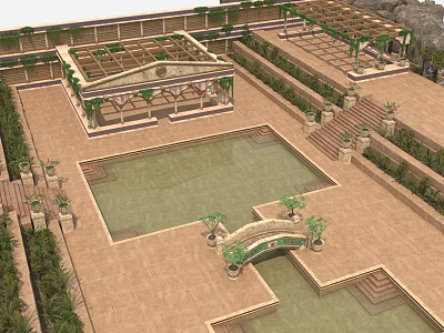 Lush Garden Courtyard With Central Pool Pergola Stone Steps Small Bridge And Greenery 3d model
