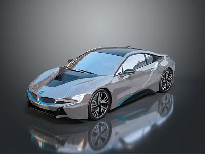 Silver BMW Sports Car With Sleek Aerodynamic Design And Blue Accents On Reflective Surface 3d model