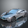 Silver BMW Sports Car With Sleek Aerodynamic Design And Blue Accents On Reflective Surface