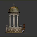 Ornate Garden Gazebo With Golden Dome Columns And Wooden Chair Table