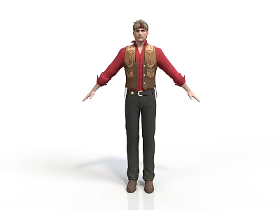 Men's Stylish Casual Outfit With Red Shirt Brown Vest Black Pants And Hat 3d model