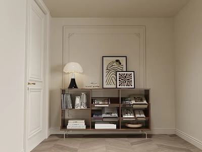 Minimalist Room Shelf Unit With Decorative Artworks Table Lamp Books And Storage Baskets 3d model