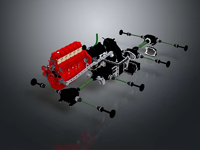 Automotive Tires With Red Engine Suspension System And Mechanical Components 3d model
