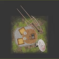 Round Wooden Outdoor Table With Chairs Tableware On Gravel Ground And Grass Area