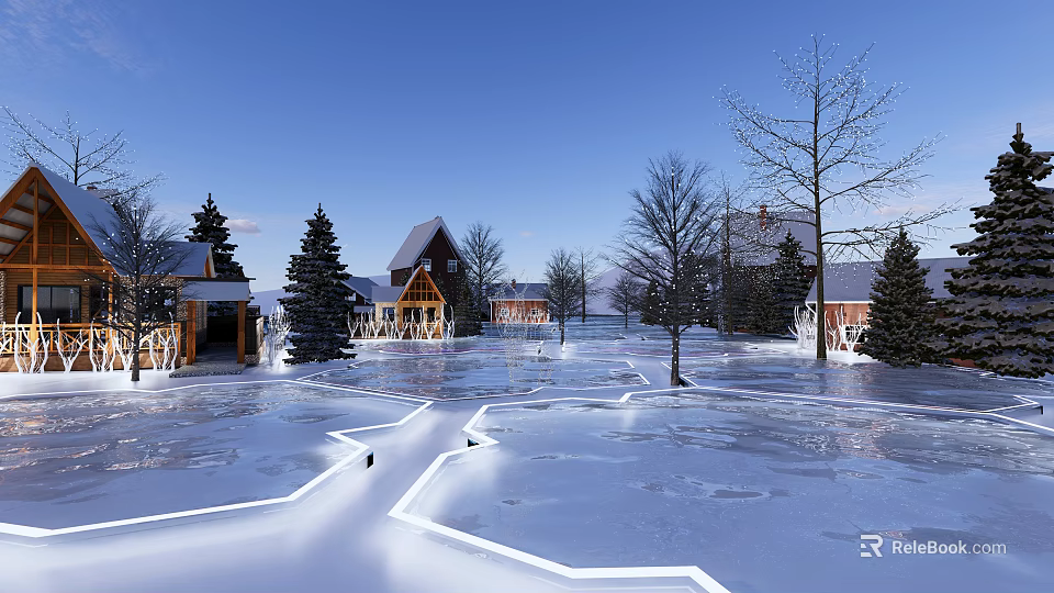 Scenic Winter Snowy Landscape With Wooden Cabins Pine Trees And Snowy Paths 3d model 