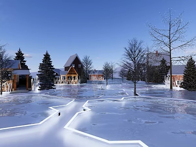 Scenic Winter Snowy Landscape With Wooden Cabins Pine Trees And Snowy Paths 3d model