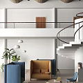 Cozy Lounge Area With Blue Orange Pod Seats Table Plants Large Windows Mountain Sea View