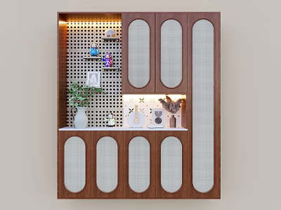 Wooden Shoe Cabinet Interior With Oval Doors Perforated Panel And Decorative Plants 3d model