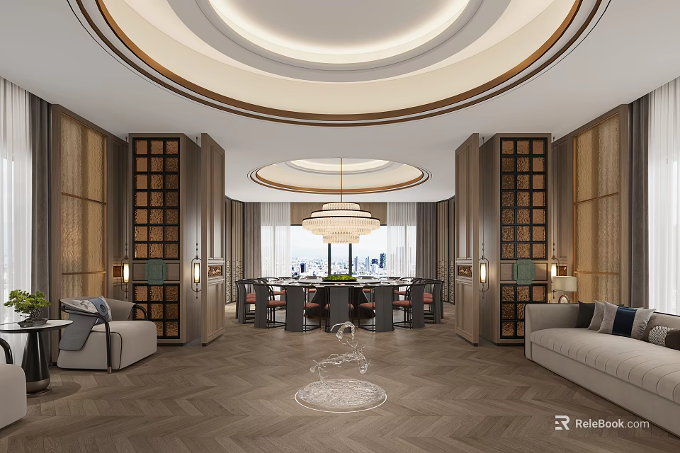 Elegant Restaurant Interior With Circular Ceiling Chandelier Sofa Area Dining Tables And Herringbone Flooring 3d model