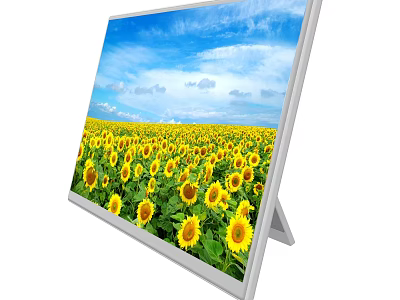 Digital Display Showing Vibrant Sunflower Field Under Blue Sky With White Clouds 3d model