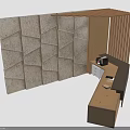 Modern Office Furniture Featuring Geometric Wall Panels L Shaped Wooden Desk And Slatted Partition