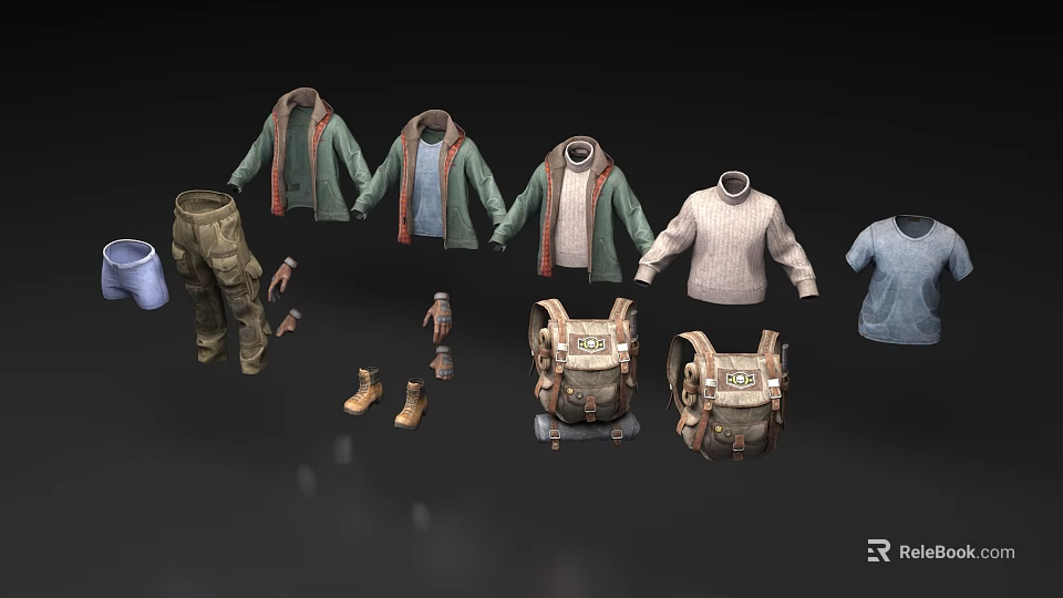 Casual Clothes Set Including Green Coats Sweater Blue T-shirt Camouflage Pants Boots And Backpacks 3d model 