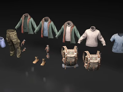 Casual Clothes Set Including Green Coats Sweater Blue T-shirt Camouflage Pants Boots And Backpacks 3d model