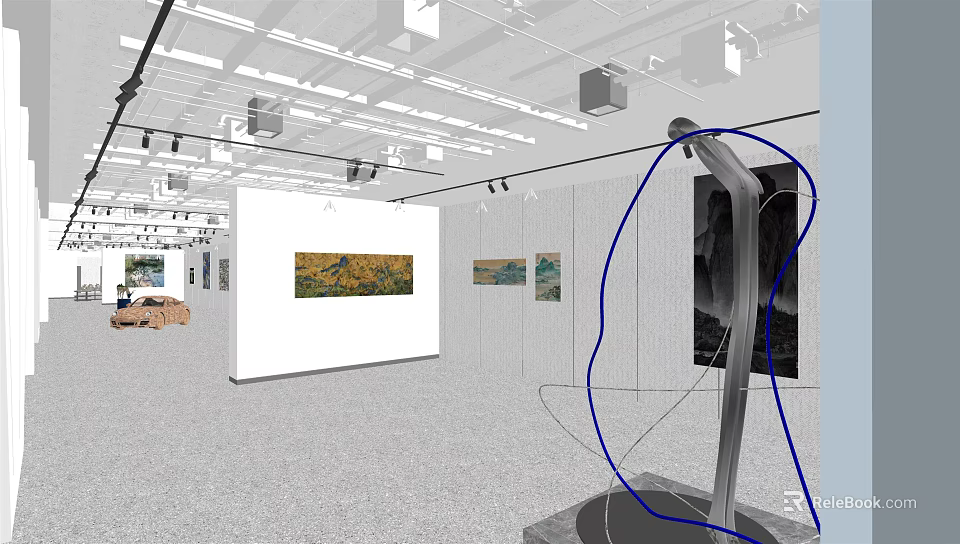 Art Gallery Exhibition Space With Paintings Sculptures And Ceiling Lighting 3d model 