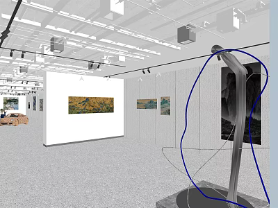Art Gallery Exhibition Space With Paintings Sculptures And Ceiling Lighting 3d model