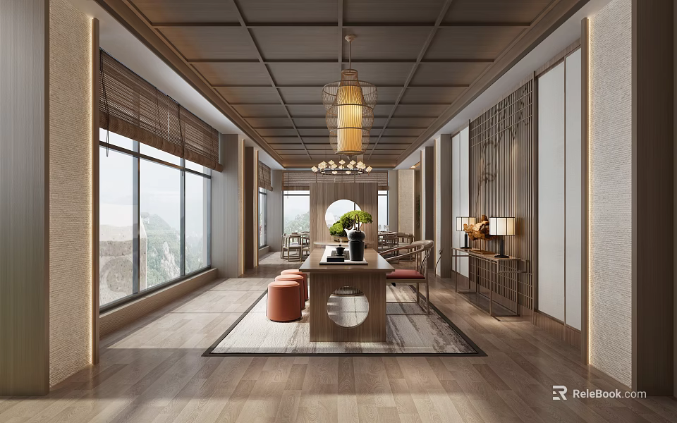 Chinese Style Private Room With Wooden Flooring Large Windows Pendant Light And Round Table 3d model 