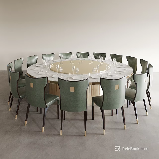 Round Dining Table Set With Multiple Green Chairs For Elegant Formal Dining Gatherings 3d model