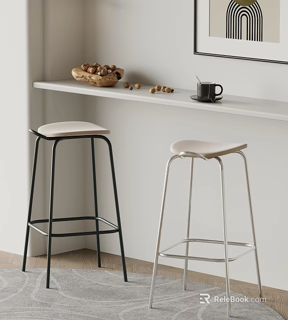 Modern Black Silver Metal Frame Bar Stools With Light Colored Seats For Kitchen Counter 3d model 